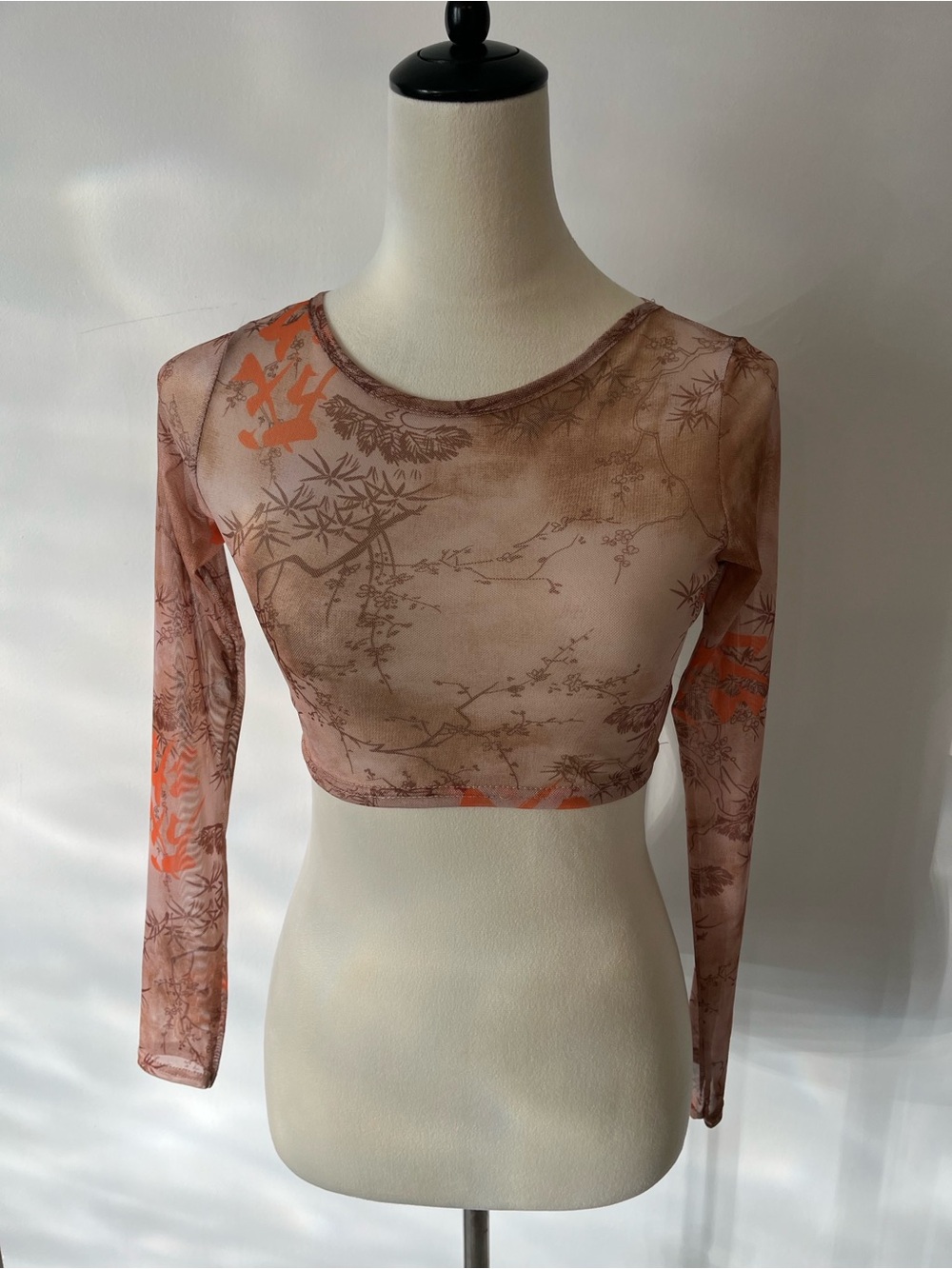 Sheer Mesh Long Sleeve Crop Top with Floral Print